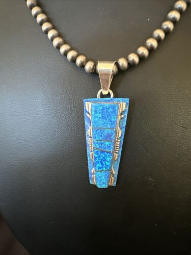 Navajo Blue Opal Inlay Pendant | Sterling Silver Necklace with Pearls | Authentic Native American Handmade | 16905