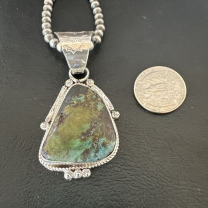 Men's Navajo Green Royston Turquoise Pendant Necklace | Sterling Silver | Authentic Native American Handmade | 17479