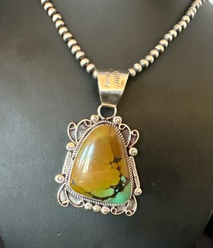 Navajo Men's Green Turquoise Necklace Pendant | Sterling Silver | Authentic Native American Handmade | 17529 - Masha USA