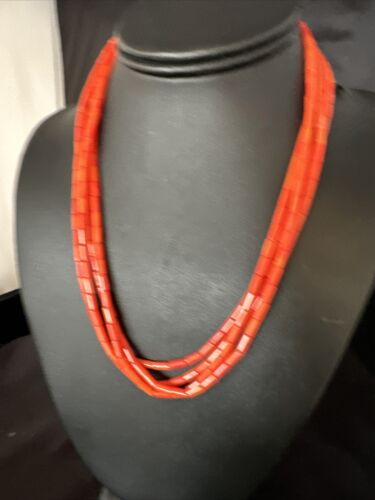 Navajo Orange Coral Tube Heishi Bead Necklace | Sterling Silver | 18" | Authentic Native American Handmade | 15281