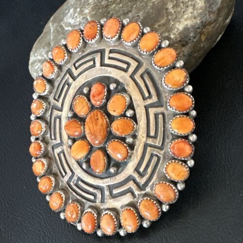 Navajo Orange Spiny Oyster Cluster Concho Belt Buckle | Sterling Silver | Authentic Native American Handmade | 16344