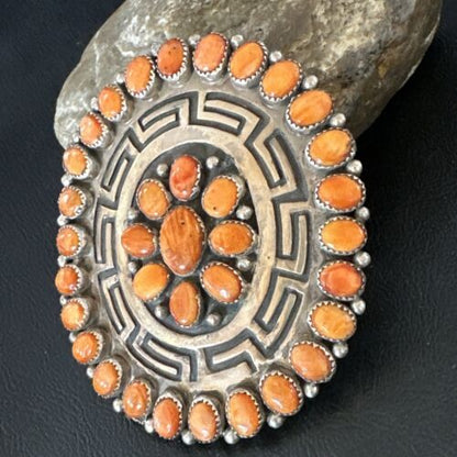 Navajo Orange Spiny Oyster Cluster Concho Belt Buckle | Sterling Silver | Authentic Native American Handmade | 16344