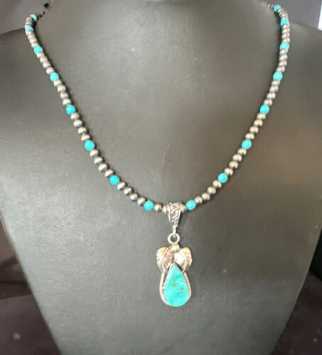 Navajo Pearls Kingman Turquoise Pendant Necklace | Sterling Silver | Authentic Native American Handmade | 14892