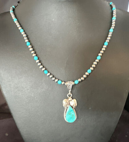 Navajo Pearls Kingman Turquoise Pendant Necklace | Sterling Silver | Authentic Native American Handmade | 14892