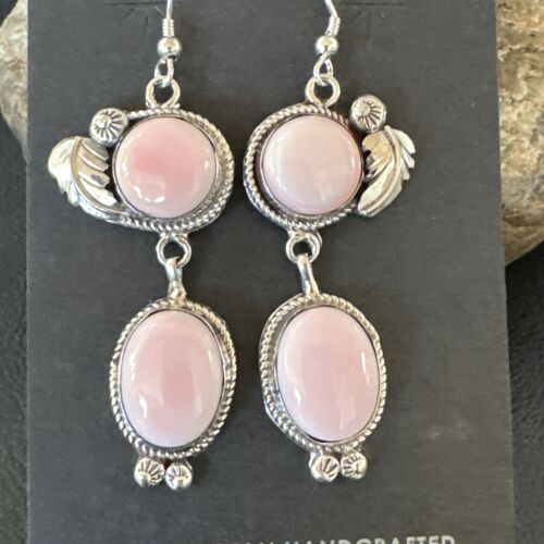 Navajo Pink Conch Shell Dangle Earrings | Sterling Silver | Authentic Native American Handmade | 17191