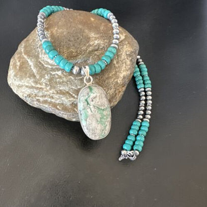 Navajo Teal Blue Turquoise Pendant Necklace | Sterling Silver | Authentic Native American Handmade | 16339