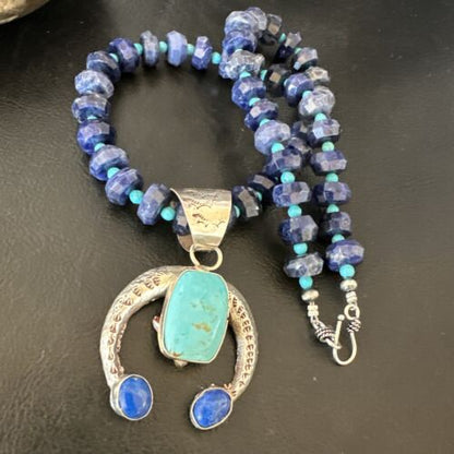 Navajo Blue Denim Lapis Turquoise Naja Pendant Necklace | Sterling Silver | Native American Handmade | 16320
