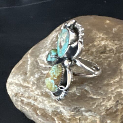 Navajo Green Turquoise Cluster Ring | Authentic Native American Sterling Silver | Multi-Stone | Sz 9 | 14841