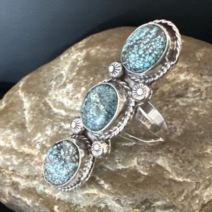 Navajo Blue Spiderweb Turquoise Multi-Stone Ring | Authentic Native American Sterling Silver | Sz 9 | 16707