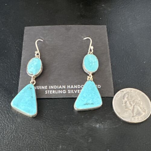 Navajo Blue Kingman Turquoise Dangle Earrings | Sterling Silver | Authentic Native American Handmade | 15103