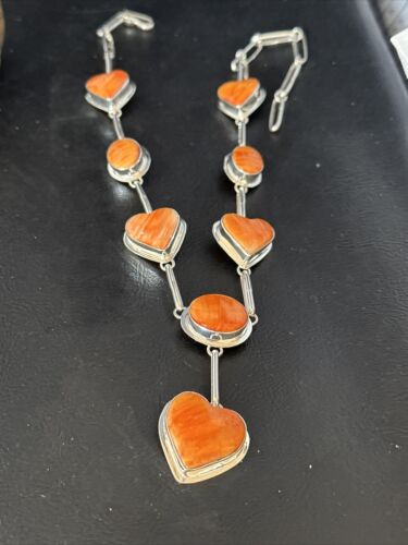 Navajo Lariat Necklace with Orange Spiny Oyster Earrings | Sterling Silver Pendant | 19" | Authentic Native American Handmade | 14955