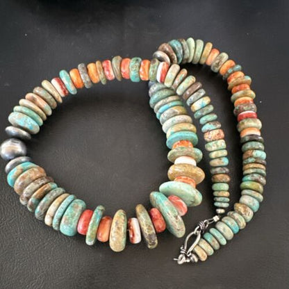 Royston Turquoise Spiny Graduated Navajo Pearls Necklace | Sterling Silver | Authentic Native American | 25" | 17003