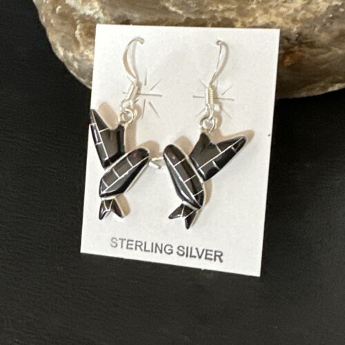 Navajo Black Onyx Hummingbird Earrings | Sterling Silver | 1" | Authentic Native American Handmade | 15090