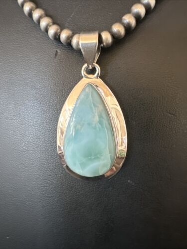 Navajo Blue Larimar Pendant Necklace | Sterling Silver Beads | Authentic Native American Handmade | 17568