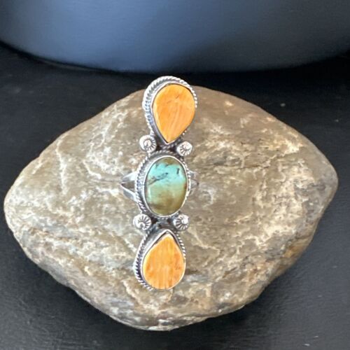 Navajo Green Turquoise Spiny Oyster Multi-Stone Ring | Authentic Native American Sterling Silver | Sz 10.5 | 16716