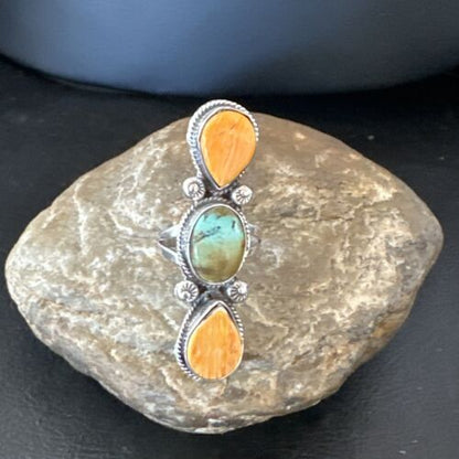 Navajo Green Turquoise Spiny Oyster Multi-Stone Ring | Authentic Native American Sterling Silver | Sz 10.5 | 16716