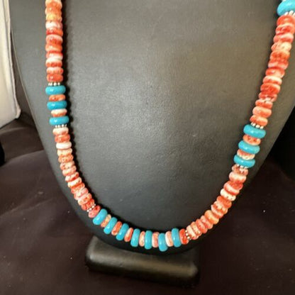 Women's Turquoise Spiny Oyster Necklace | Navajo Pearl Sterling Silver | Authentic Native American Handmade | 22" | 15057