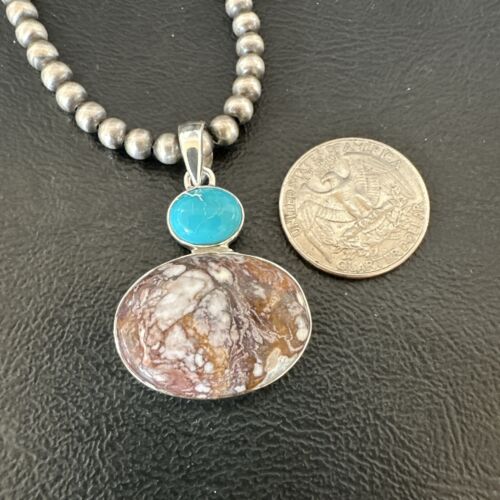 Navajo Wild Horse | Blue Kingman Turquoise Necklace | Sterling Silver | Authentic Native American Handmade | 17339