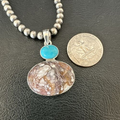 Navajo Wild Horse | Blue Kingman Turquoise Necklace | Sterling Silver | Authentic Native American Handmade | 17339