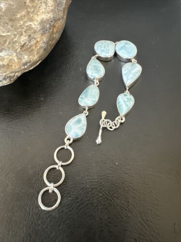 Navajo Blue Larimar Bracelet | Sterling Silver 7 Link | 8" | Authentic Native American Handmade | 16085