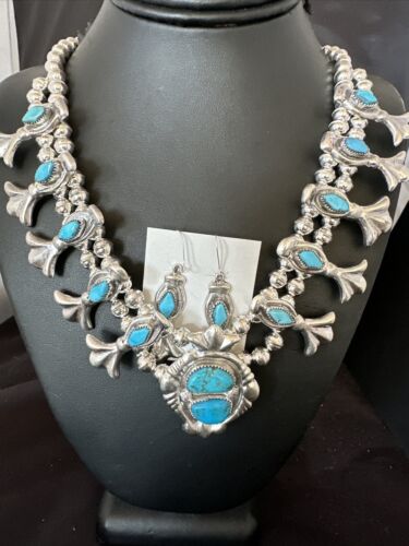 Kingman Turquoise Navajo Squash Blossom Necklace & Earrings | Sterling Silver | Native American Handmade | 16543