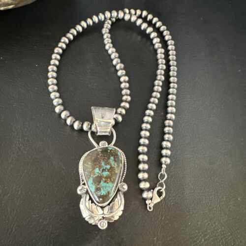 Blue Spiderweb Turquoise Pendant | Navajo Pearls Sterling Silver Necklace 21" | 15097