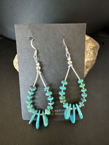 Navajo Blue Cluster Turquoise Bead Earrings | 6mm | Sterling Silver | 2" | Authentic Native American Handmade | 15845