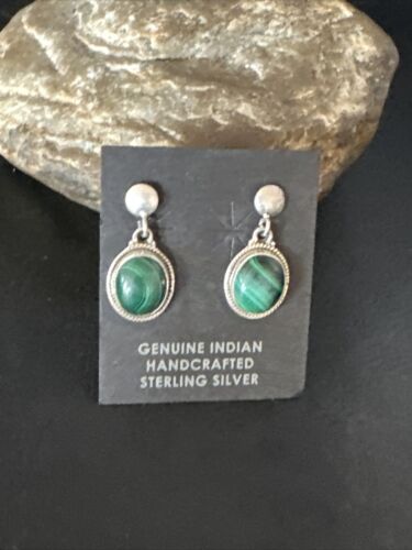 Navajo Green Malachite Dangle Earrings | Sterling Silver | Authentic Native American Handmade | 14922