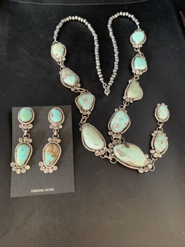Navajo Blue Turquoise Lariat Necklace Set | Authentic Native American Sterling Silver | 30" | 13834