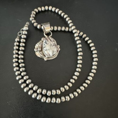 Men's White Buffalo Turquoise Pendant Necklace | Navajo Pearls | Sterling Silver | Native American Handmade | 17334