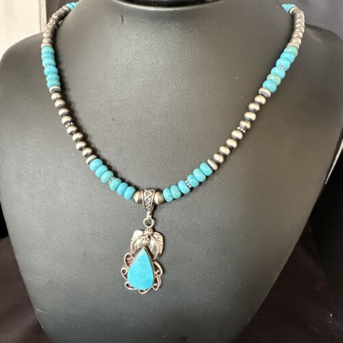 Navajo Blue Turquoise Pendant with Pearls | Sterling Silver Necklace | Authentic Native American Handmade | 15419