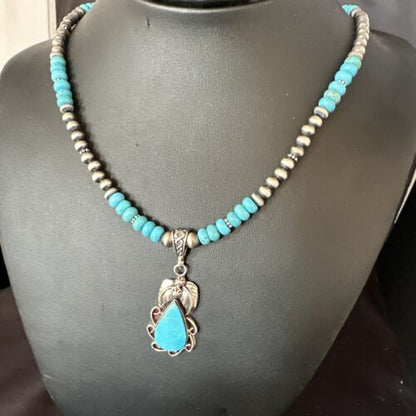 Navajo Blue Turquoise Pendant with Pearls | Sterling Silver Necklace | Authentic Native American Handmade | 15419