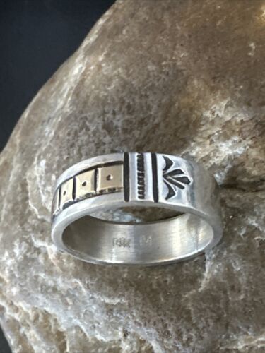 Men's Wedding Band | Navajo Stamped 14K Gold Sterling Silver Ring | Sz 10 | 15463