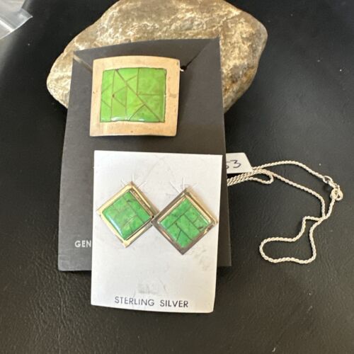 Navajo Green Gaspeite Pendant Necklace & Earrings Set | Sterling Silver | Authentic Native American Handmade | 3763