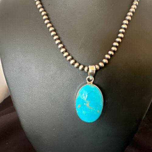 Navajo Blue Kingman Turquoise Pendant Necklace | Sterling Silver | 20" | Authentic Native American Handmade | 16687