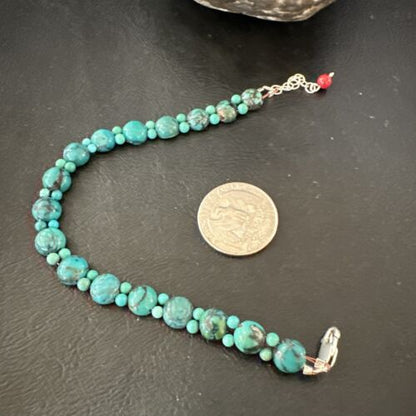 Navajo Blue Turquoise Bead Bracelet | Sterling Silver Link | 8" | Authentic Native American Handmade | 17230