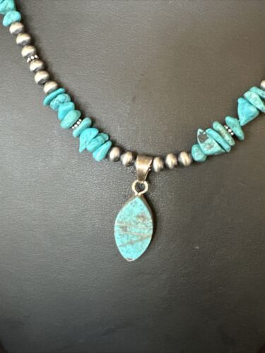 Navajo Kingman Turquoise Pendant Necklace | Sterling Silver | 22" | Authentic Native American Handmade | 14835
