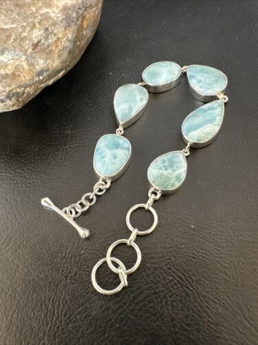 Navajo Blue Larimar Link Bracelet | Sterling Silver | 8" | Authentic Native American Handmade | 16079