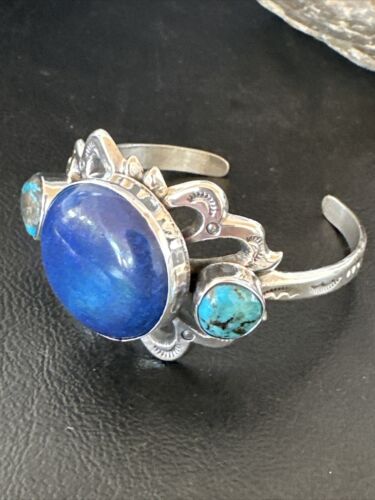 Kingman Turquoise Lapis Cuff Bracelet | Navajo Tufa Cast | Sterling Silver | Authentic Native American Handmade | 16783