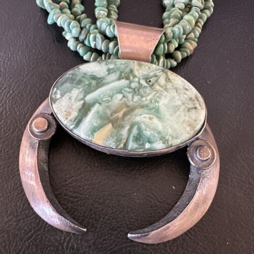 Navajo Green Turquoise Chrysoprase Naja Pendant Necklace | Sterling Silver | Authentic Native American Handmade | 16064