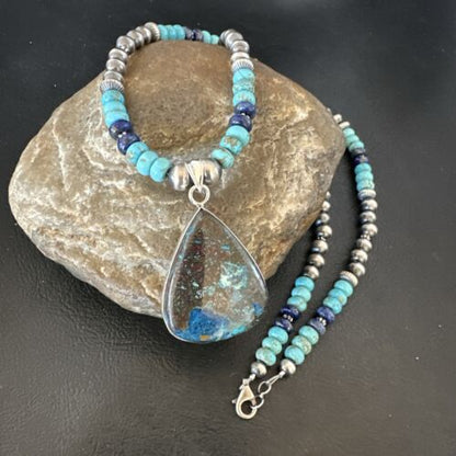 Navajo Blue Turquoise Jasper Pendant with Lapis | Sterling Silver Necklace | Native American Handmade | 16928