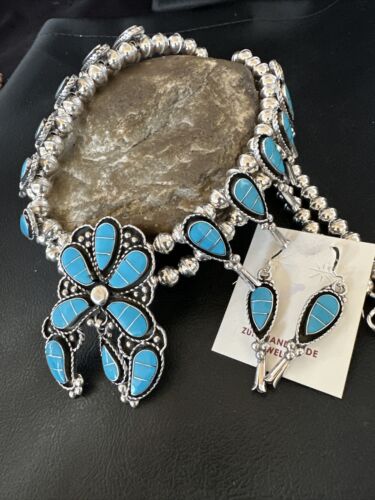 Zuni Kingman Turquoise Inlay Squash Blossom Necklace & Earrings | Sterling Silver | 16544