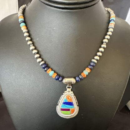 Navajo Lapis Spiny Oyster Turquoise Inlay Pendant Necklace | Sterling Silver | 21" | Authentic Native American Handmade | 16628