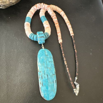 Santo Domingo Turquoise Spiny Oyster Inlay Pendant Necklace | Sterling Silver | 22" | 17437