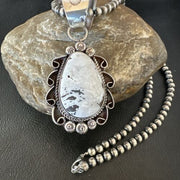 Men's White Buffalo Turquoise Pendant | Navajo Pearl Sterling Silver Necklace 21" | Handmade Jewelry | 17044