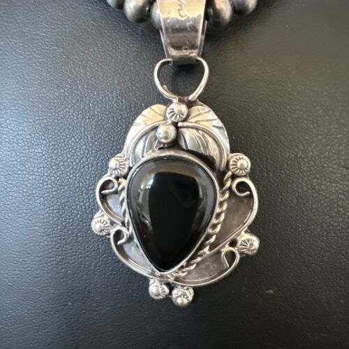 Navajo Pearls Black Onyx Necklace Pendant | Sterling Silver | Authentic Native American Handmade | 16525