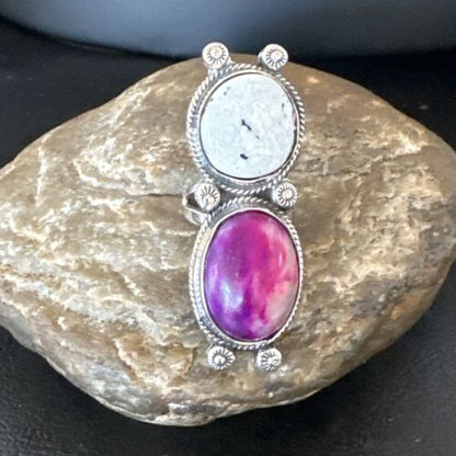 Navajo White Buffalo Turquoise Sugilite Ring | Authentic Native American Sterling Silver | Multi-Stone | Sz 7 | 16719 - Masha USA