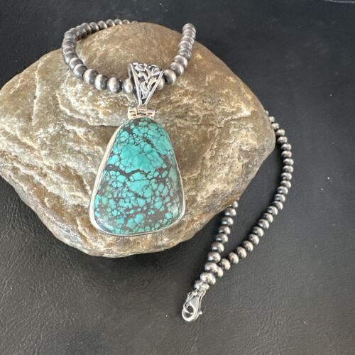 Navajo Blue Spiderweb Turquoise Pendant Necklace | Sterling Silver Pearls | Authentic Native American Handmade | 15571