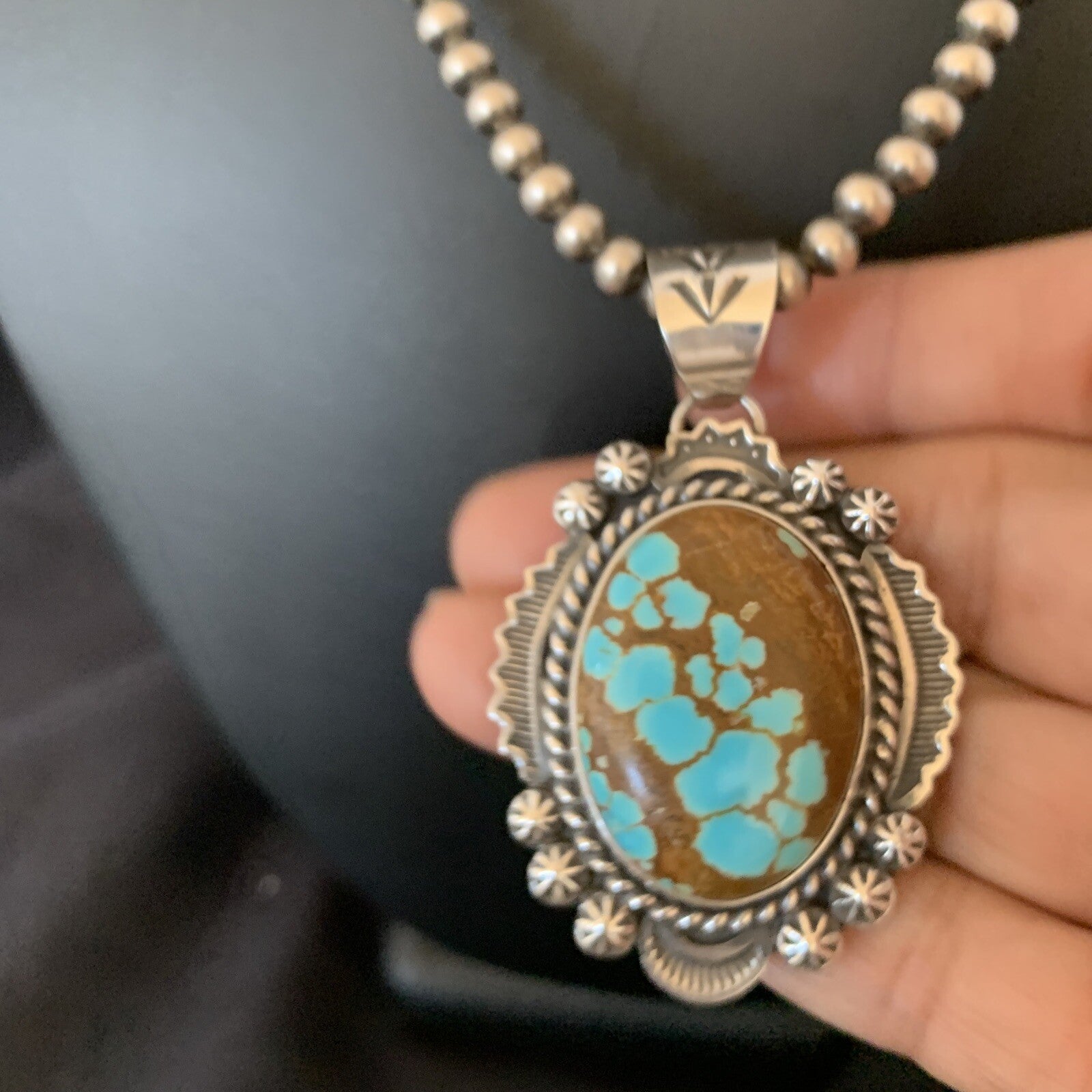 Mens Blue Turquoise #8 Pendant Navajo Pearls Sterling Silver Necklace 10866