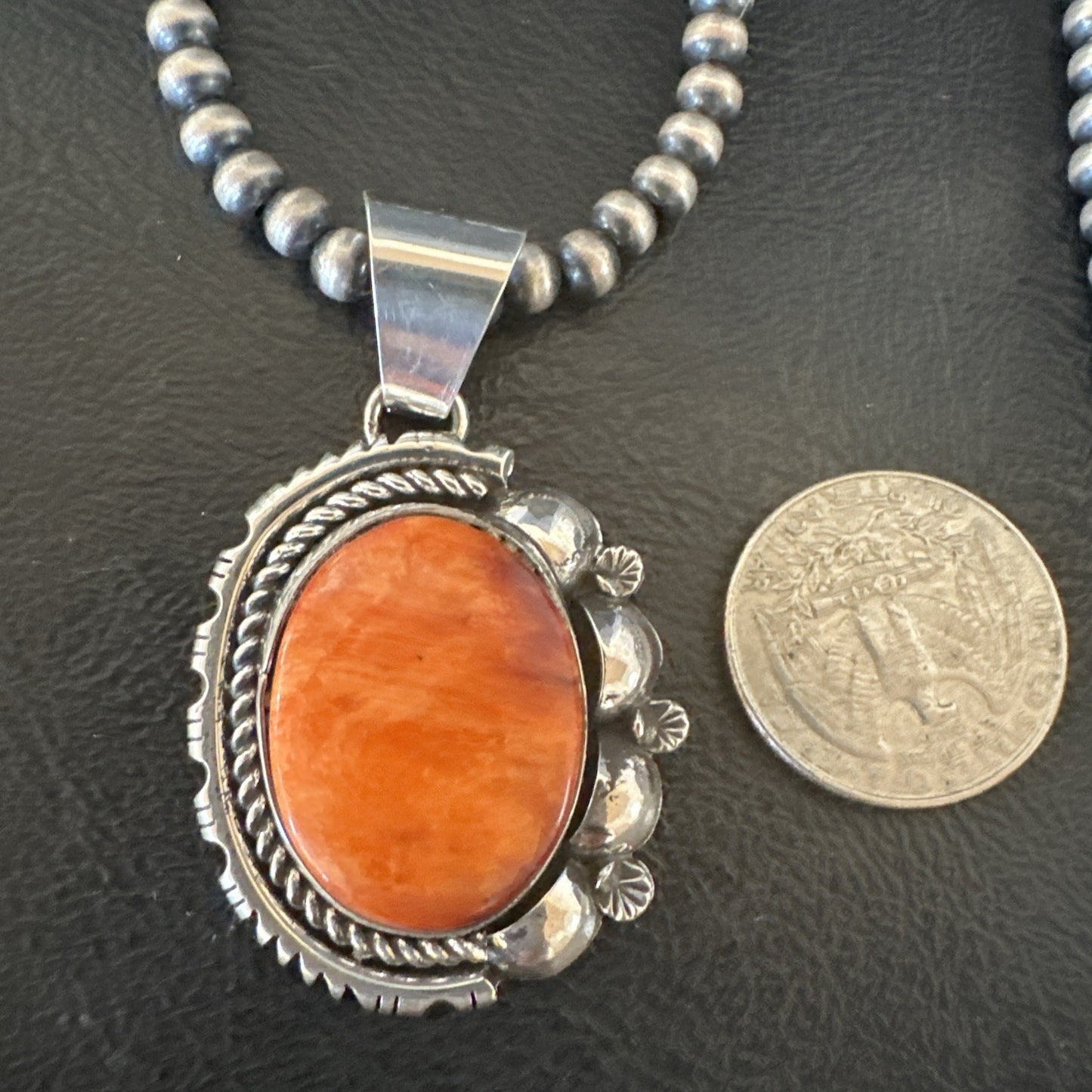 Yazzie Orange Spiny Oyster Pendant Navajo Sterling Silver Necklace 19490
